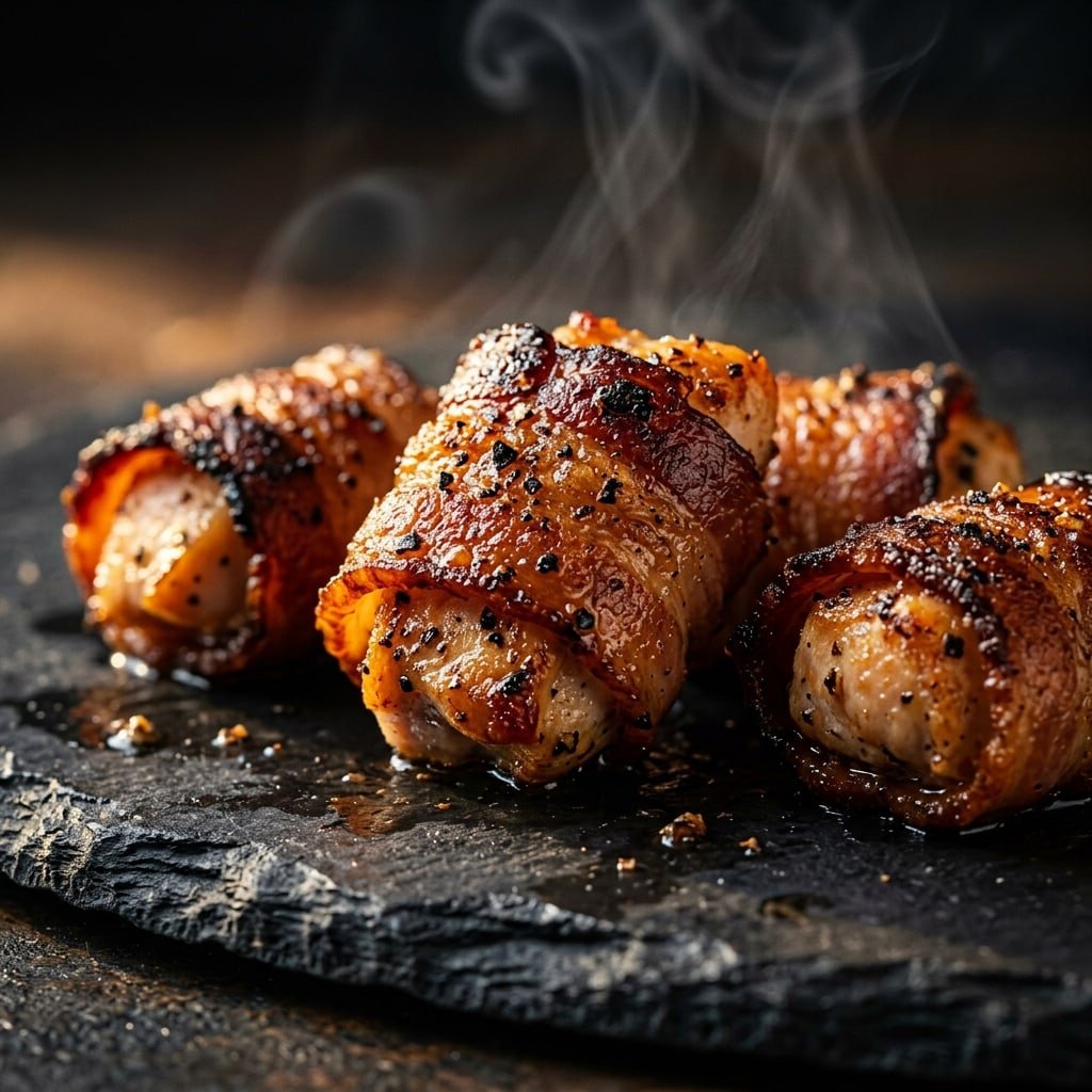 Bacon-Wrapped Chicken Bites, plated