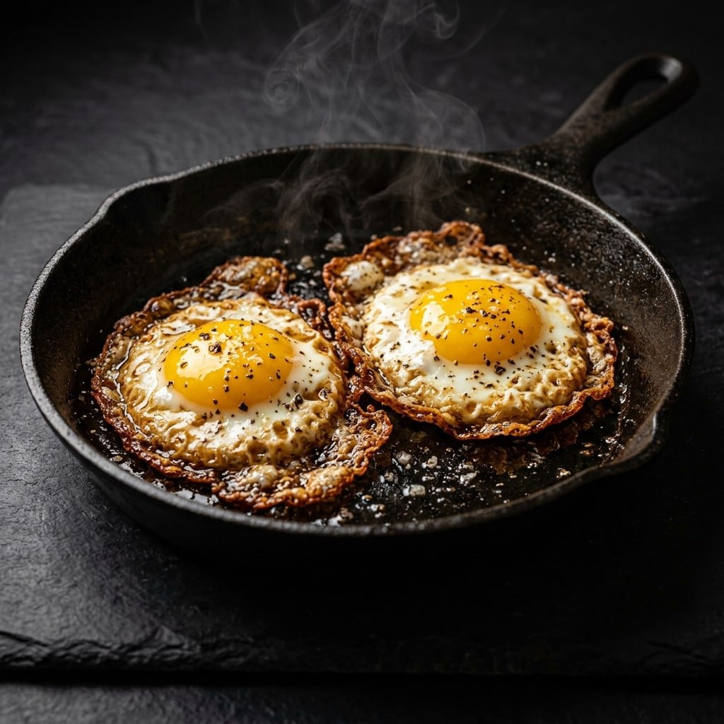 Crispy Tallow Fried Eggs, plated