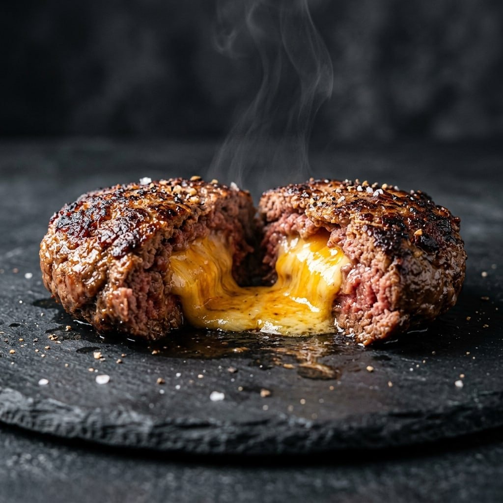 Juicy Lucy Cheese-Stuffed Burger, plated