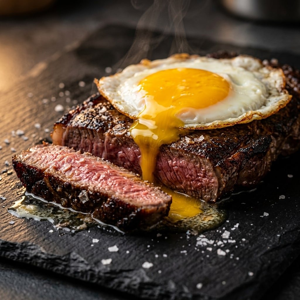 Steak and Eggs, plated